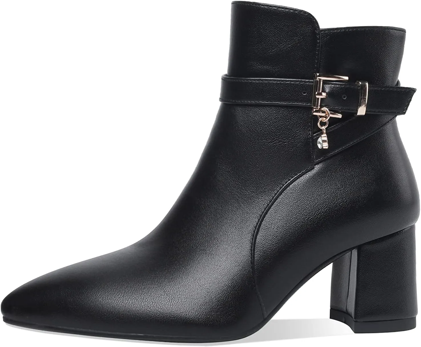 Z.Oufeier Women's Fashion Leather Chunky Ankle Boots Multi Strap Sparkly Rhinestone Pointed Toe Heeled Booties
