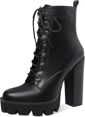 Z.Oufeier Women's Platform Ankle Boots Fashion Chunky Heel Lug Sole Combat Boots Lace Up High Heeled Booties