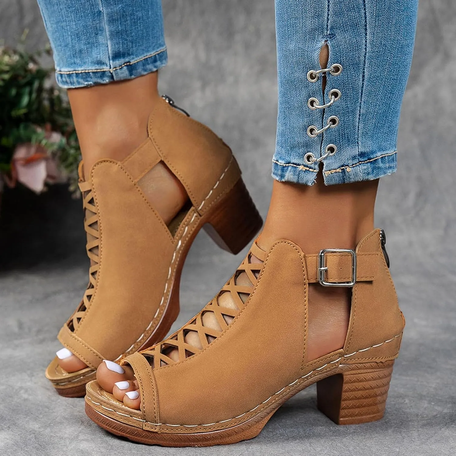 ZSpzx Block Heels Sandals for Women 2025 Peep Toe Lace Up Sandal Adjustable Strappy Chunky Heel Slingback Hollow Out Comfortable Cushion Footbed Recovery Orthopedic Casual Shoes for Outdoor Indoor
