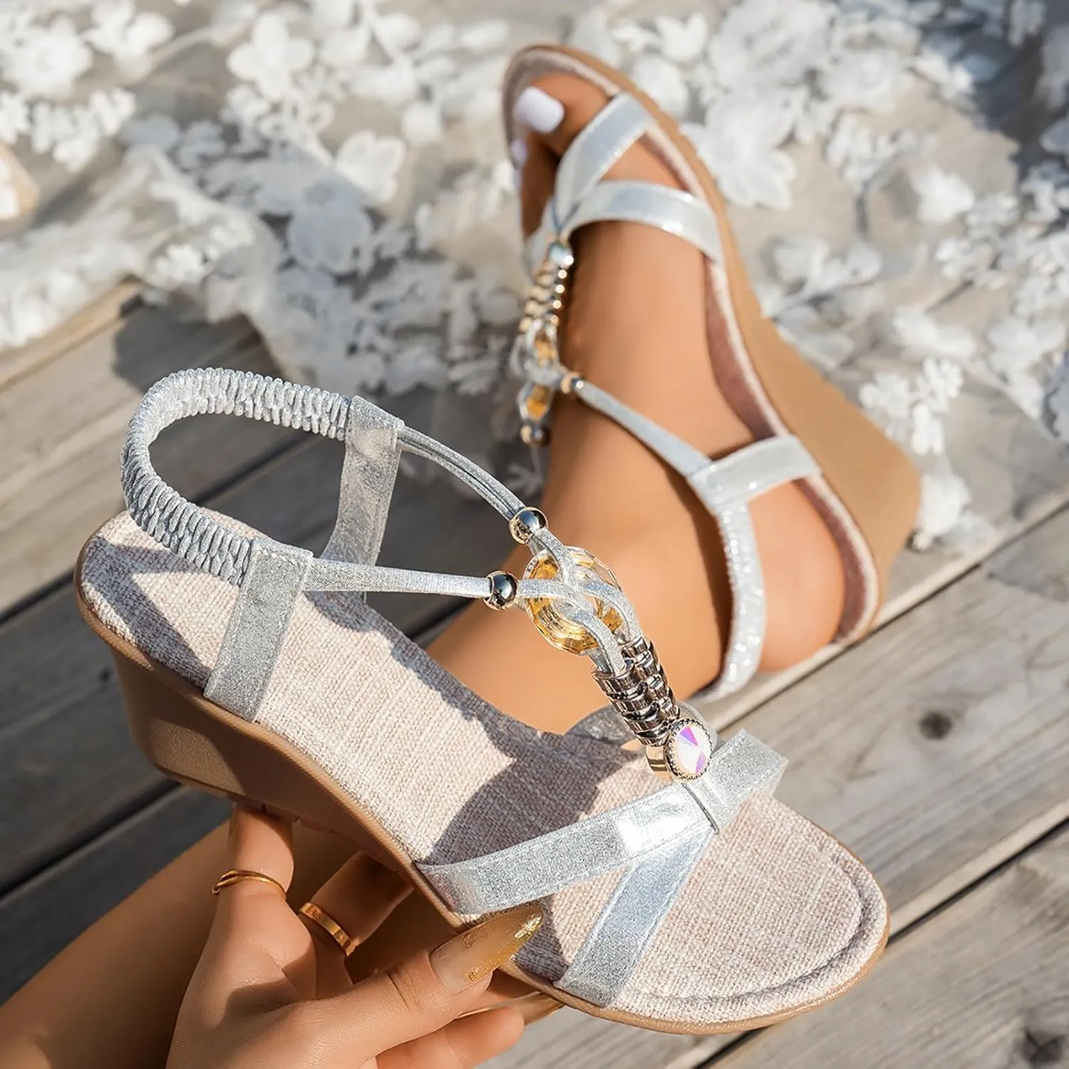 ZSpzx Wedge Sandals for Women,Comfortable Open Toe T-Strap Rhinestone Beaded Bohemia Beach Slip On Sandal For Women Dressy Summer Comfortable Elastic Strap Orthopedic Casual Outdoor Walking Shoes