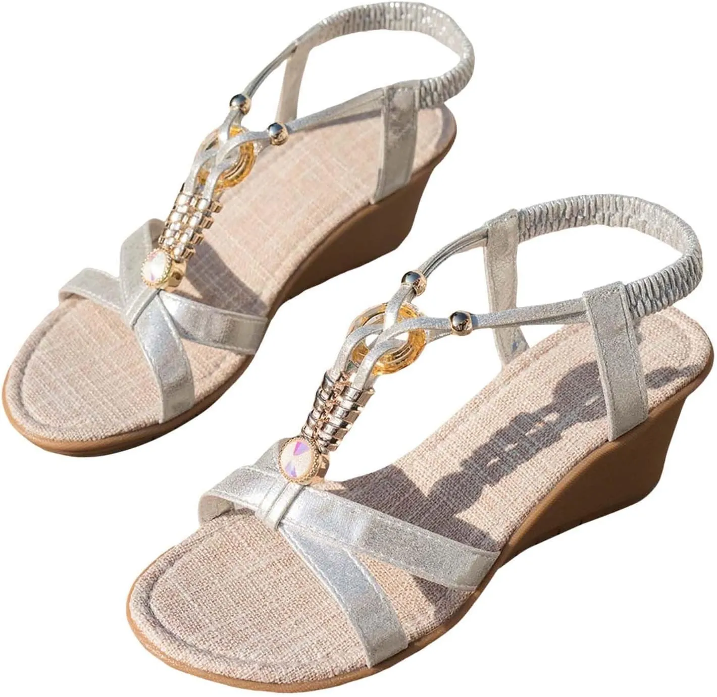ZSpzx Wedge Sandals for Women,Comfortable Open Toe T-Strap Rhinestone Beaded Bohemia Beach Slip On Sandal For Women Dressy Summer Comfortable Elastic Strap Orthopedic Casual Outdoor Walking Shoes