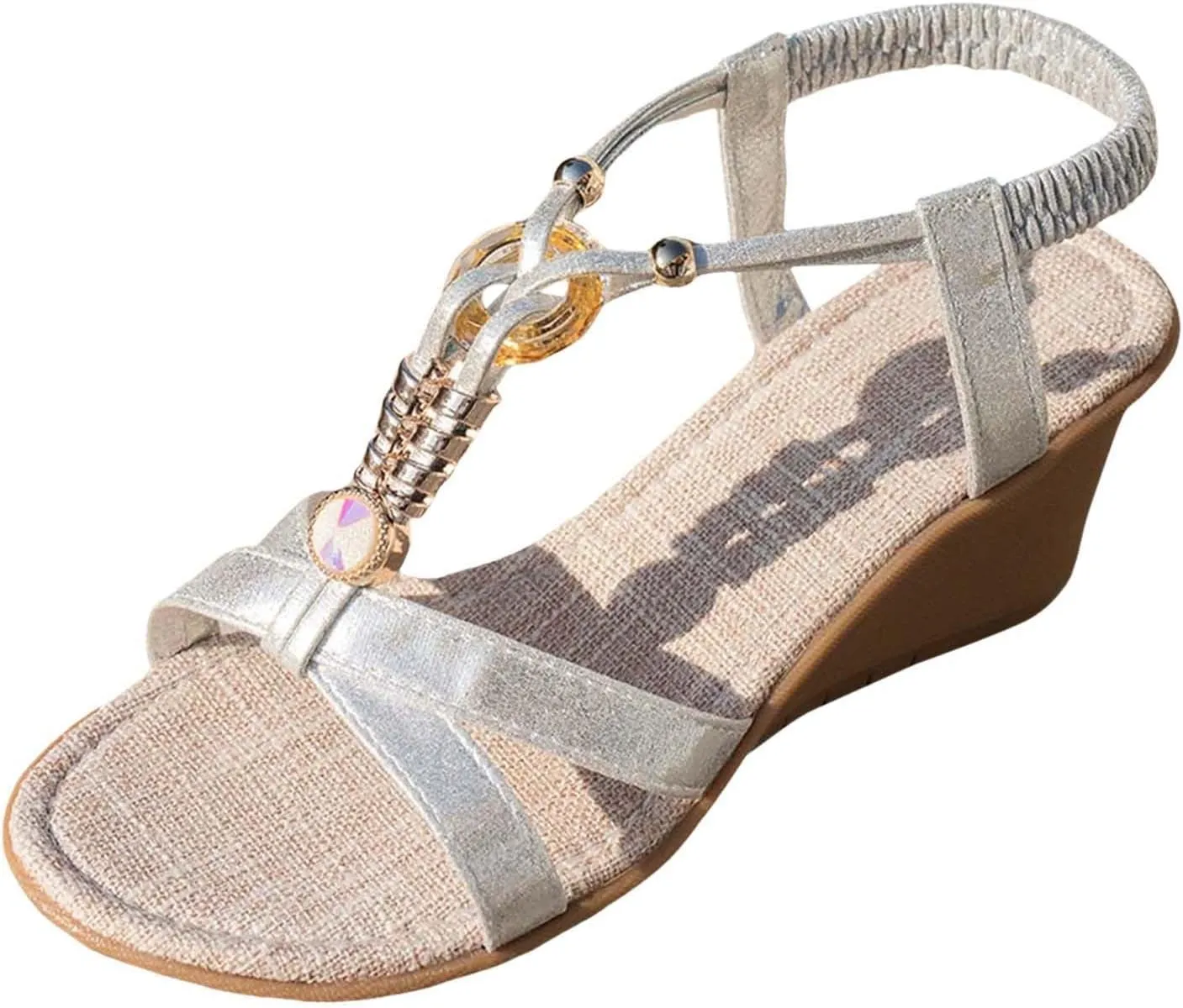 ZSpzx Wedge Sandals for Women,Comfortable Open Toe T-Strap Rhinestone Beaded Bohemia Beach Slip On Sandal For Women Dressy Summer Comfortable Elastic Strap Orthopedic Casual Outdoor Walking Shoes