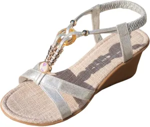 ZSpzx Wedge Sandals for Women,Comfortable Open Toe T-Strap Rhinestone Beaded Bohemia Beach Slip On Sandal For Women Dressy Summer Comfortable Elastic Strap Orthopedic Casual Outdoor Walking Shoes
