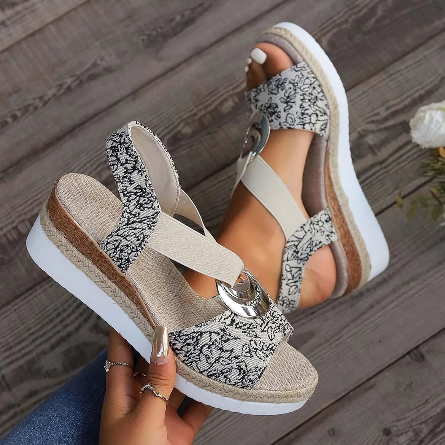 ZSpzx Women Wedge Sandals 2025,Boho Roman Retro Summer Vacation Slippers Comfortable Breathable Daily Wear Soft Cushion Slides Ankle Strap Indoor/Outdoor Arch Support Orthopedic Walking Footwear
