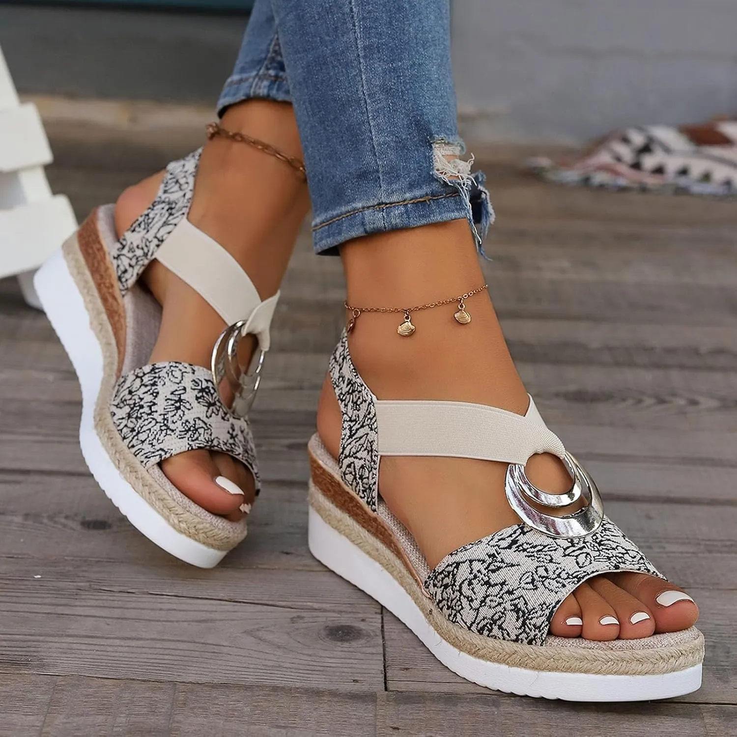 ZSpzx Women Wedge Sandals 2025,Boho Roman Retro Summer Vacation Slippers Comfortable Breathable Daily Wear Soft Cushion Slides Ankle Strap Indoor/Outdoor Arch Support Orthopedic Walking Footwear