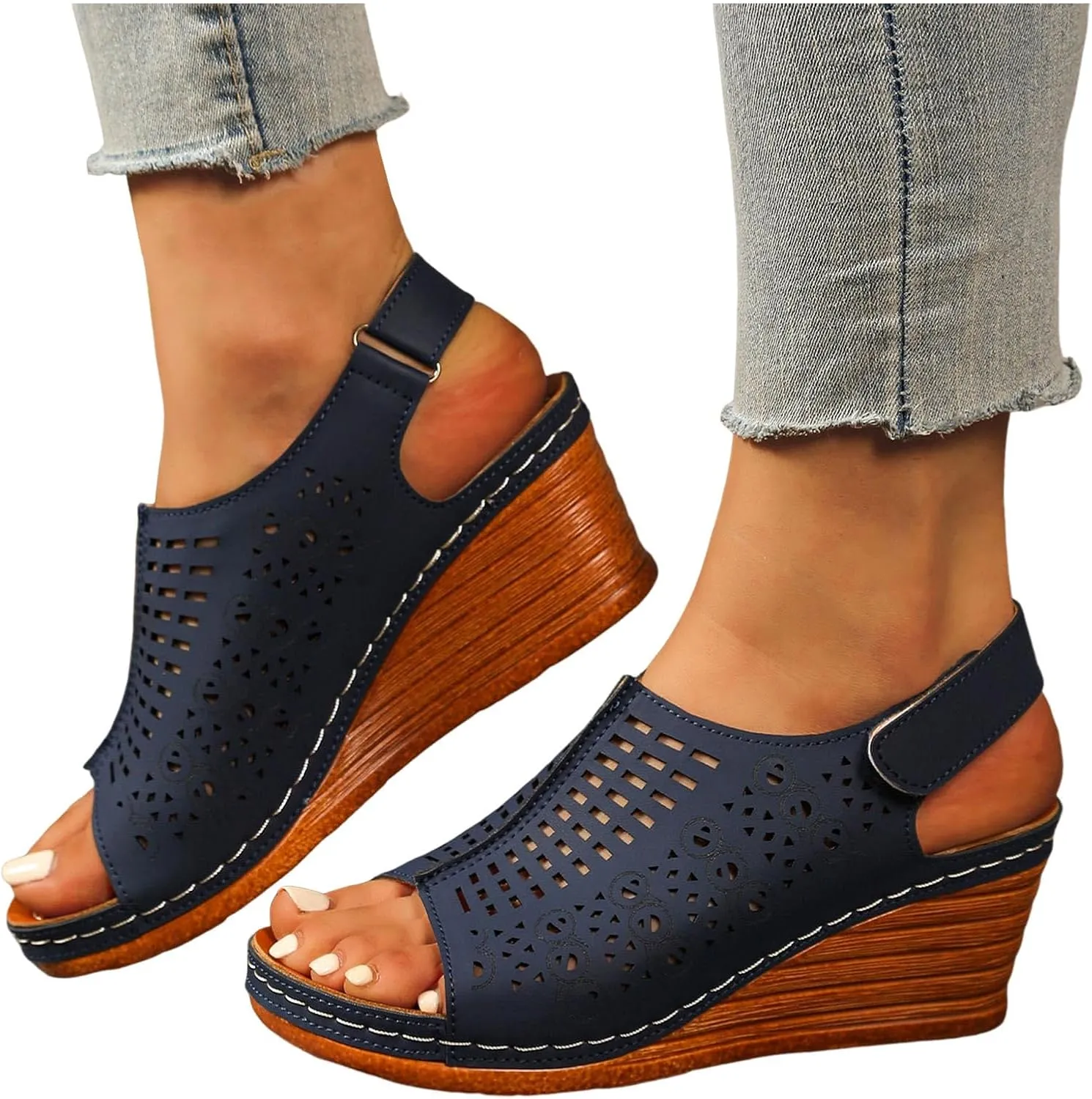 ZSpzx Women Wedge Sandals 2025,Breathable Cut-Out Walking Footwear Hook Loop Strap Indoor/Outdoor Soft Cushion Slides Comfortable Non-Slip Slip-On Vacation Slippers Summer Fashion Daily Wear Peep Toe
