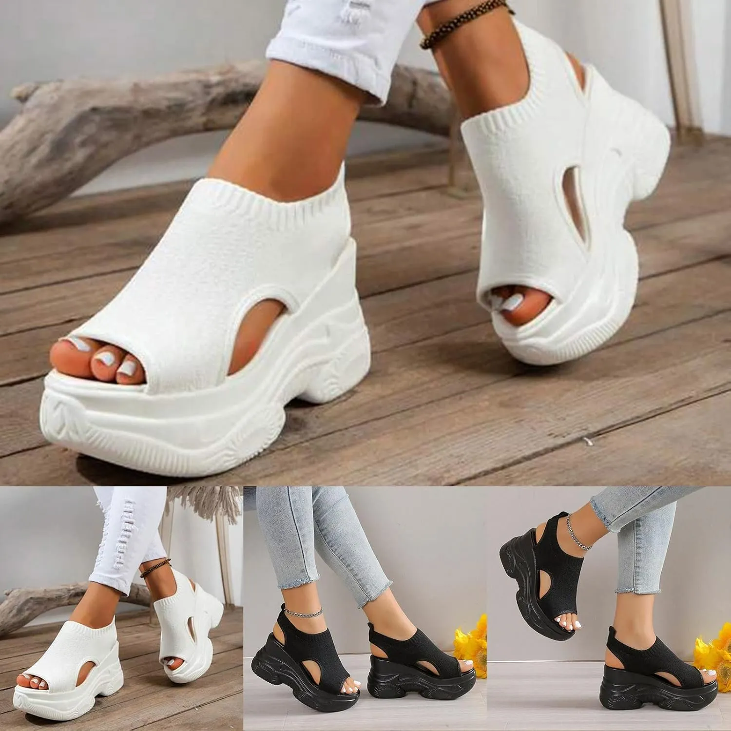 ZSpzx Women's Platform Wedge Sandals for Women 2025 Open Toe Ankle Strap Sandal Dressy Summer Knit Slip on Womens Comfortable High Heel Wedges Party Casual Beach Walking Shoes for Daily Wear