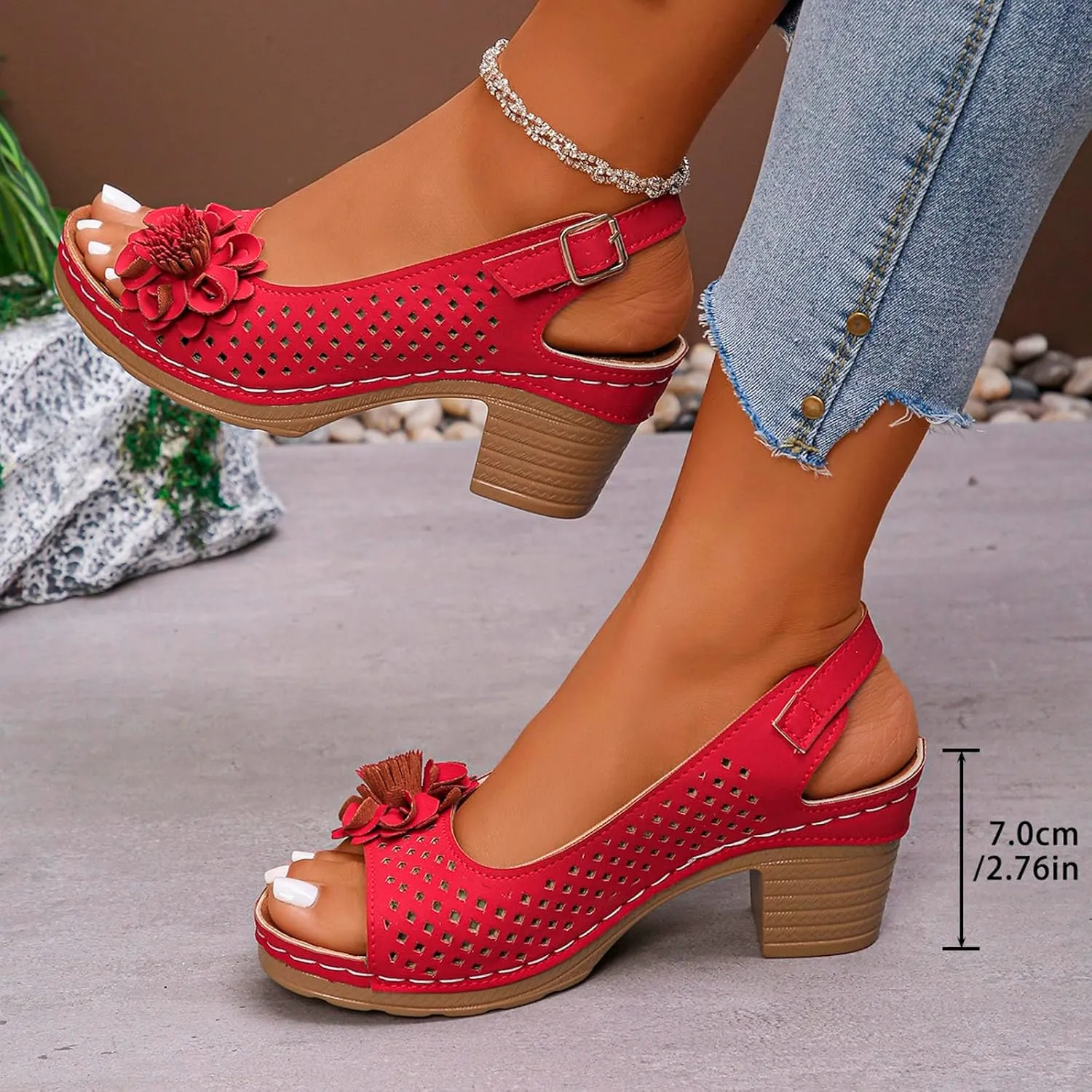 ZWRXW Wedge Sandals for Women Peep Toe Hollow Out Slingback Platform Wedge Sandals Bohemian Chic Flowers Dressy Summer Sandal Open Toe Ankle Strap Chunky Heel Shoes for Travel Vacation Beach Party