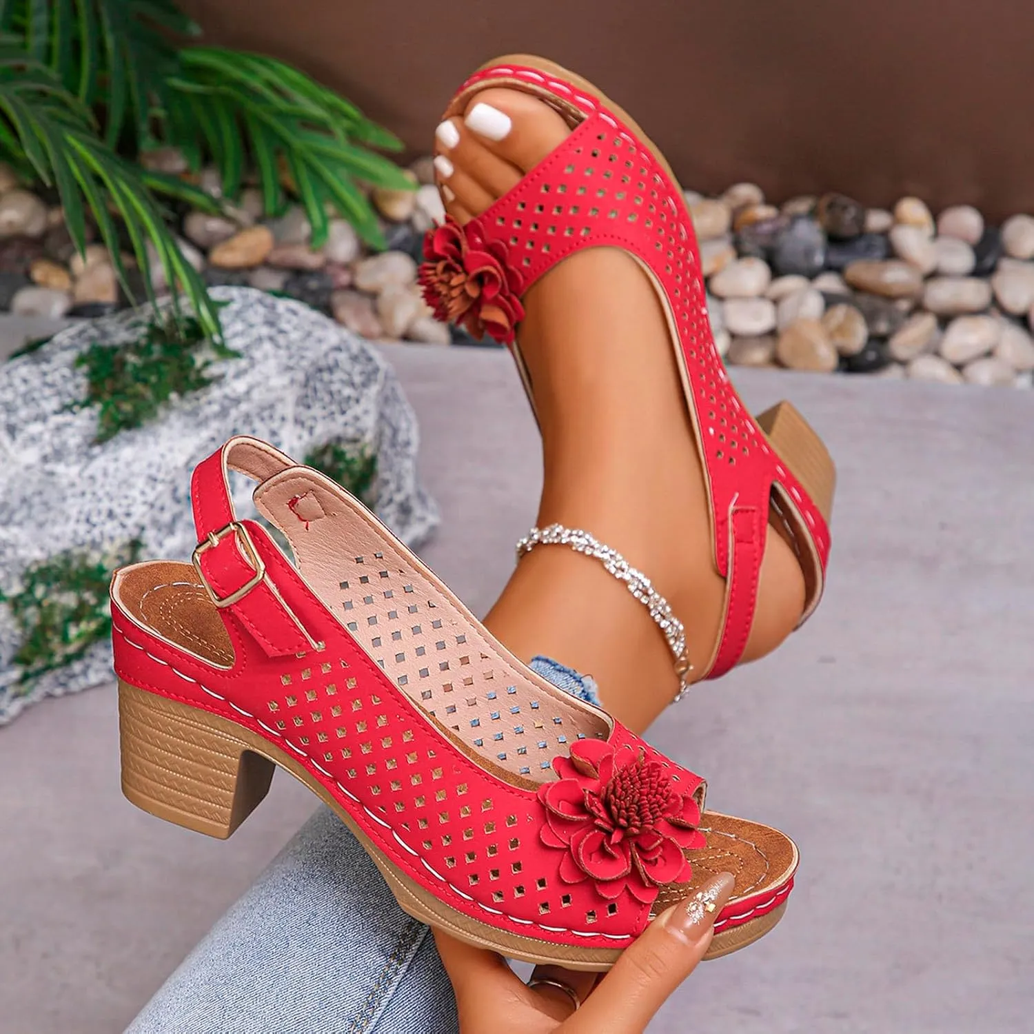 ZWRXW Wedge Sandals for Women Peep Toe Hollow Out Slingback Platform Wedge Sandals Bohemian Chic Flowers Dressy Summer Sandal Open Toe Ankle Strap Chunky Heel Shoes for Travel Vacation Beach Party