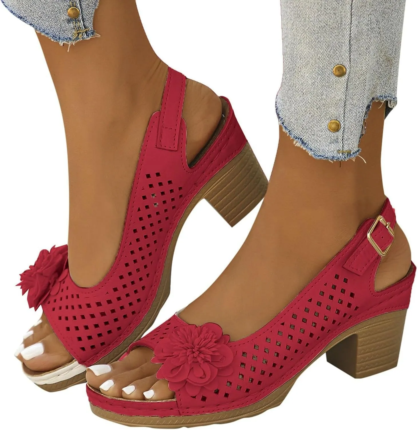 ZWRXW Wedge Sandals for Women Peep Toe Hollow Out Slingback Platform Wedge Sandals Bohemian Chic Flowers Dressy Summer Sandal Open Toe Ankle Strap Chunky Heel Shoes for Travel Vacation Beach Party