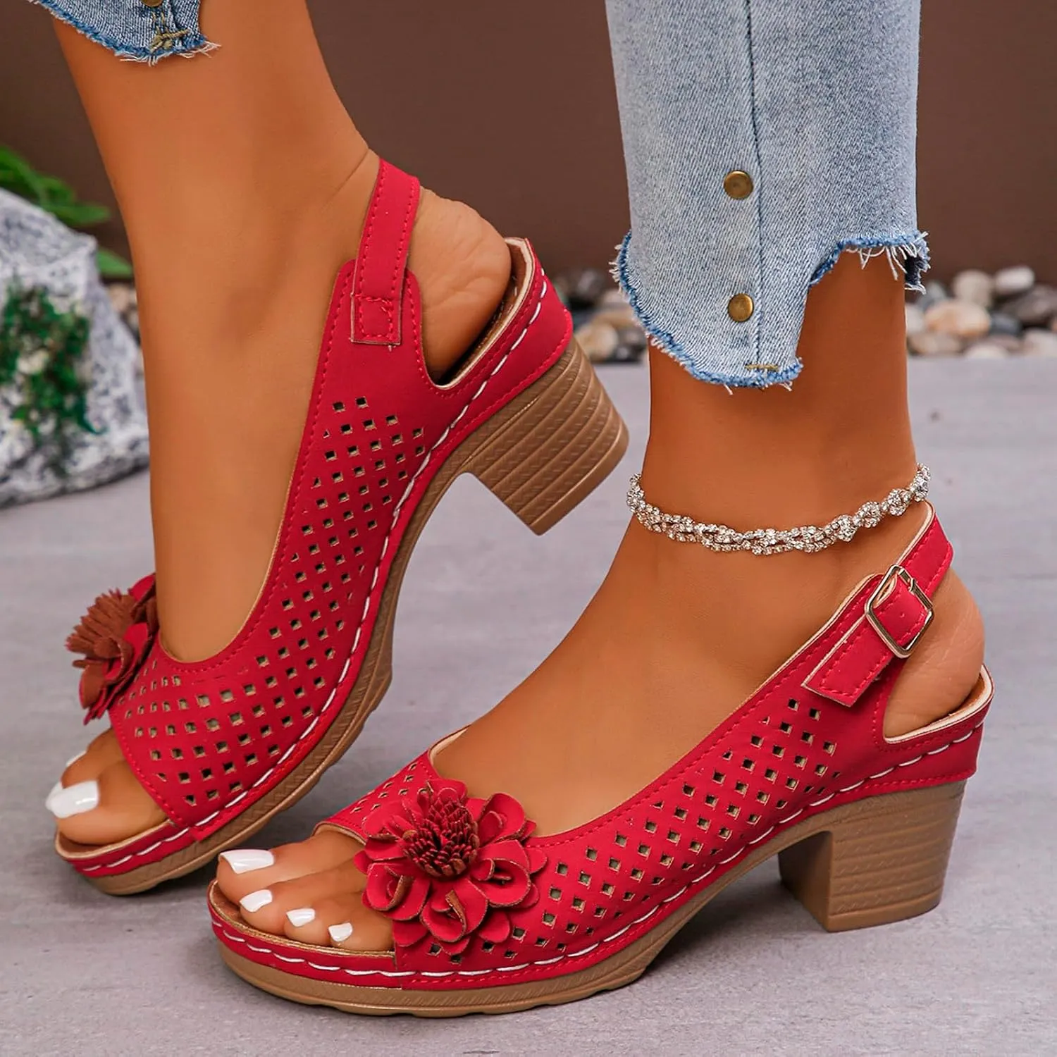 ZWRXW Wedge Sandals for Women Peep Toe Hollow Out Slingback Platform Wedge Sandals Bohemian Chic Flowers Dressy Summer Sandal Open Toe Ankle Strap Chunky Heel Shoes for Travel Vacation Beach Party