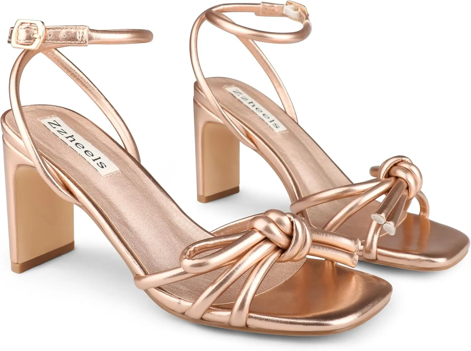 Zzheels Women's Square Toe Sandals Bowknot Chunky High Heels Strappy Bow Heels Dress Party Shoes