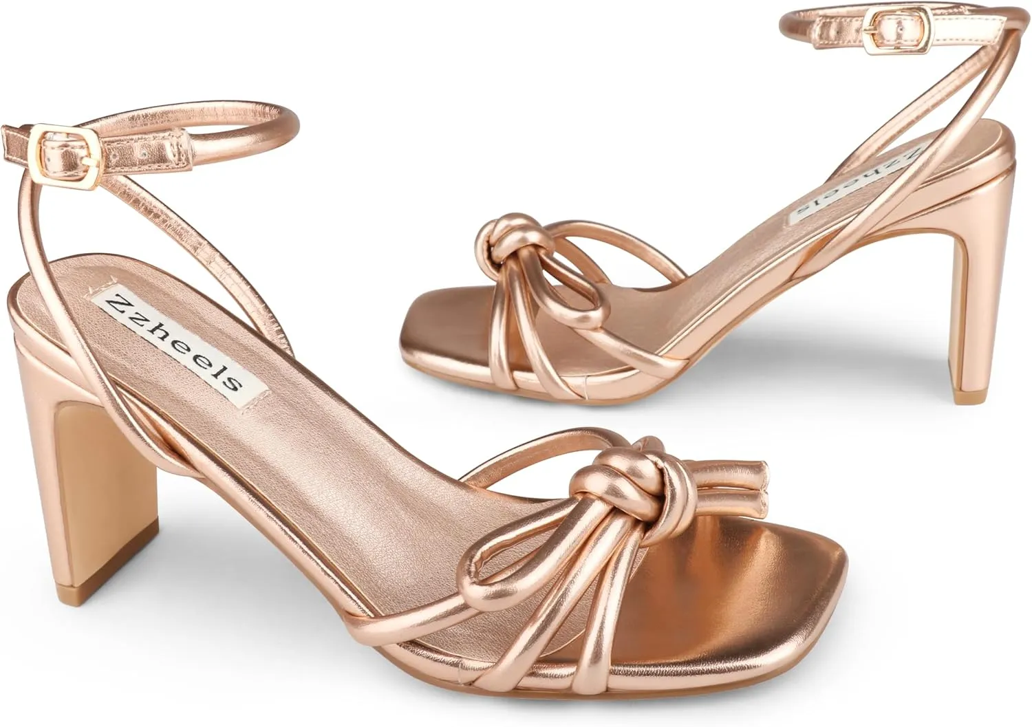 Zzheels Women's Square Toe Sandals Bowknot Chunky High Heels Strappy Bow Heels Dress Party Shoes