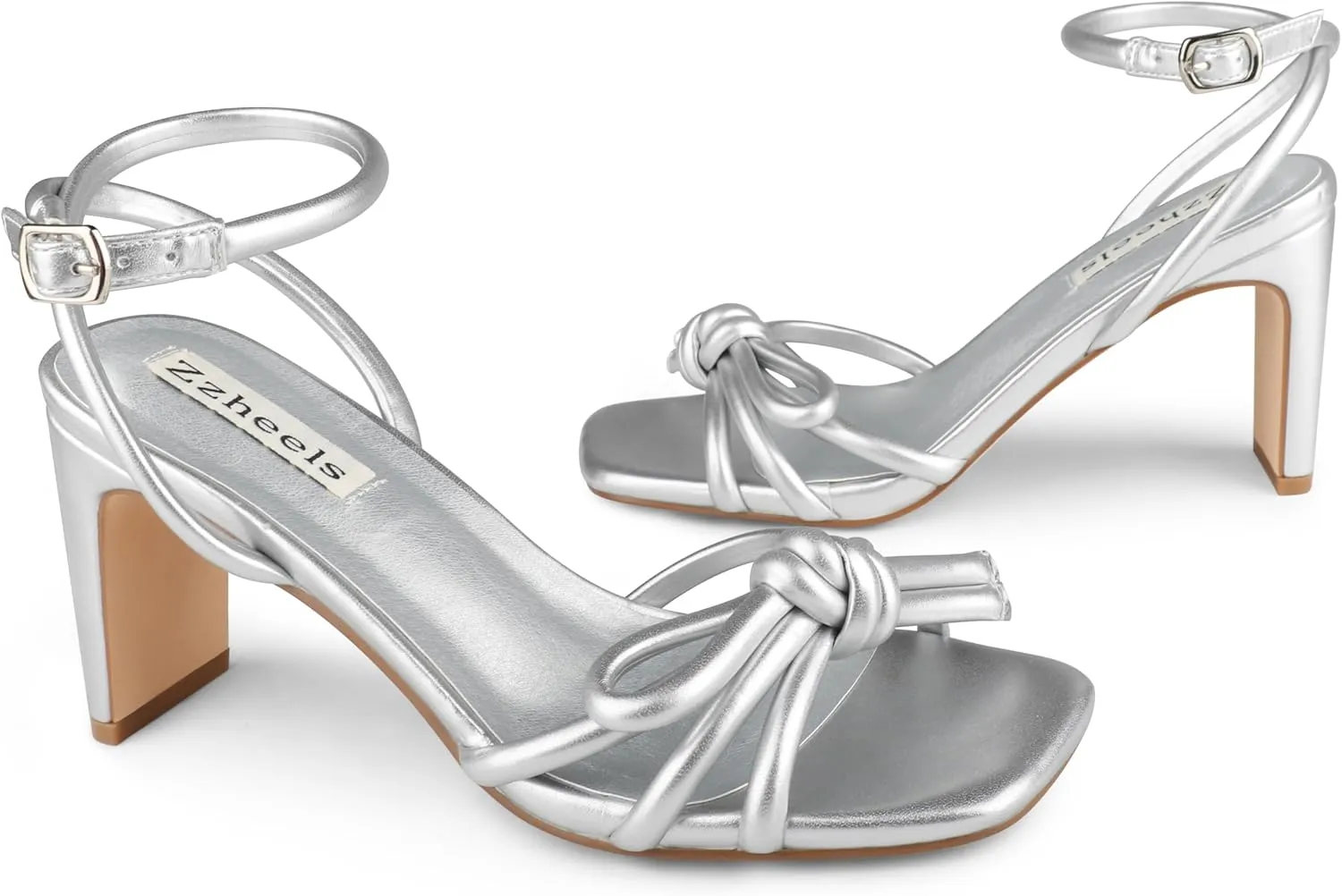 Zzheels Women's Square Toe Sandals Bowknot Chunky High Heels Strappy Bow Heels Dress Party Shoes
